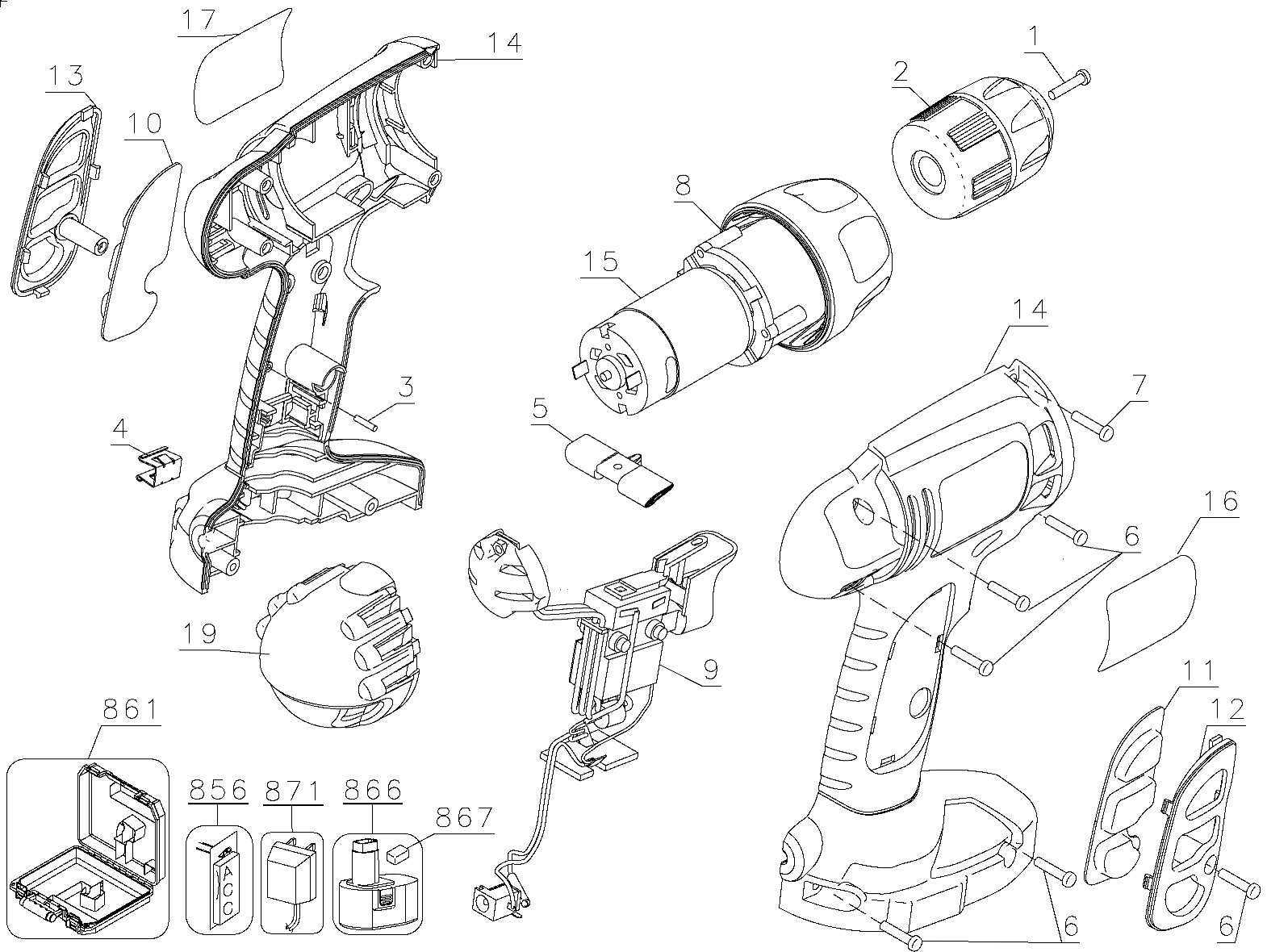 Default Diagram and Parts List for CD140GK Type 1 Black and Decker Boring Machine